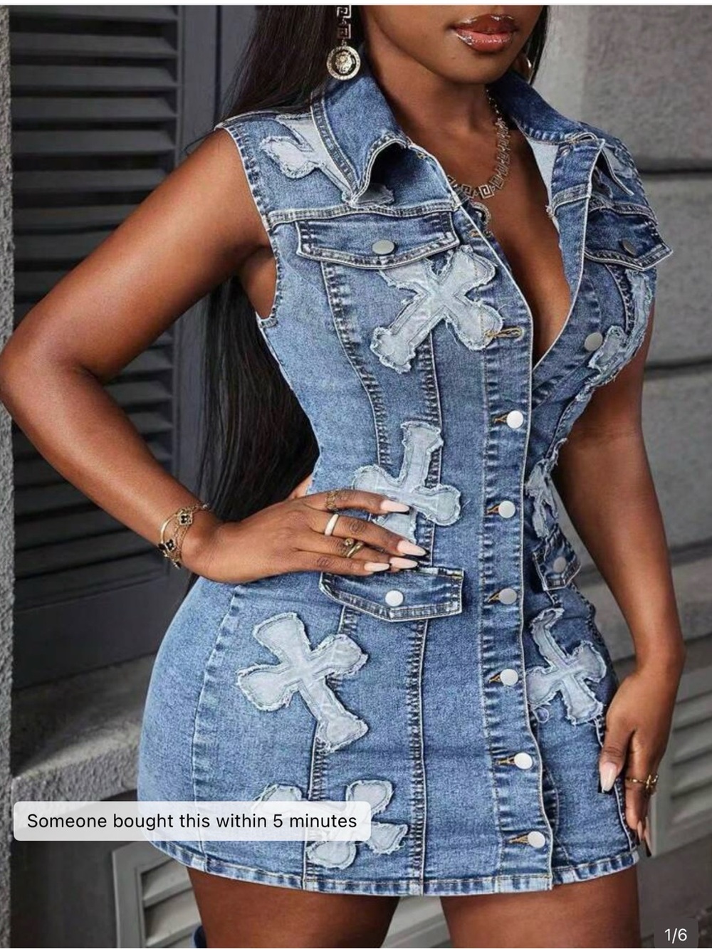 SHEIN Blue Distressed Cross-Appliqué Denim Mini Dress